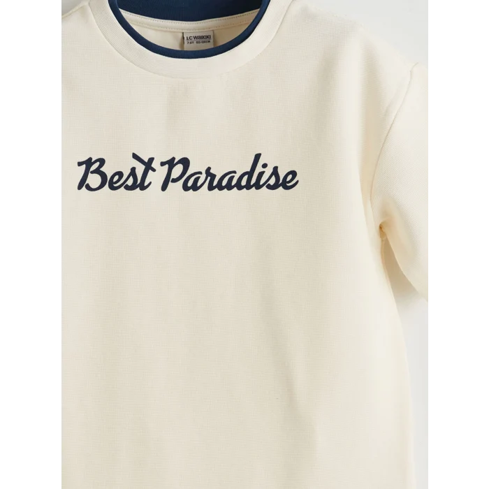 LCW Kids Ekru Bisiklet Yaka Nakışlı Ottoman Biyeli Erkek Çocuk Tişört