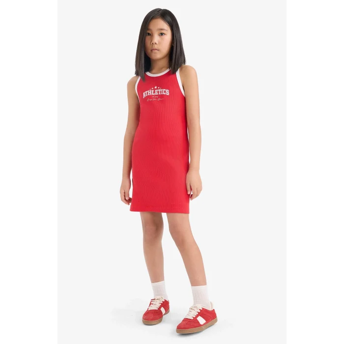 Defacto B4491 Kırmızı Kız Çocuk Baskılı Fitilli Kaşkorse Kolsuz Elbise