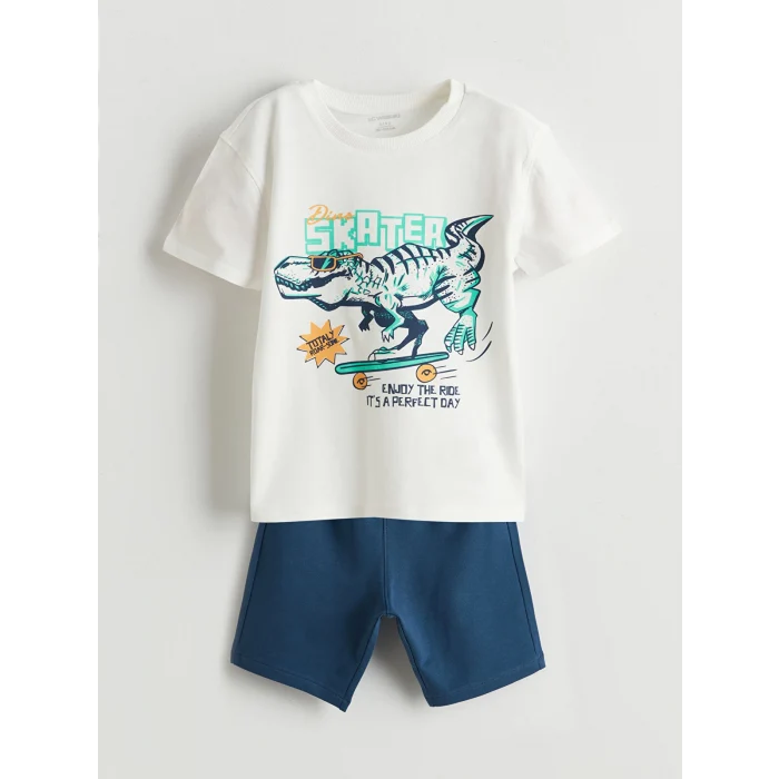 LCW Kids Ekru Dinozor Baskılı Erkek Çocuk Tişört ve Şort 2li