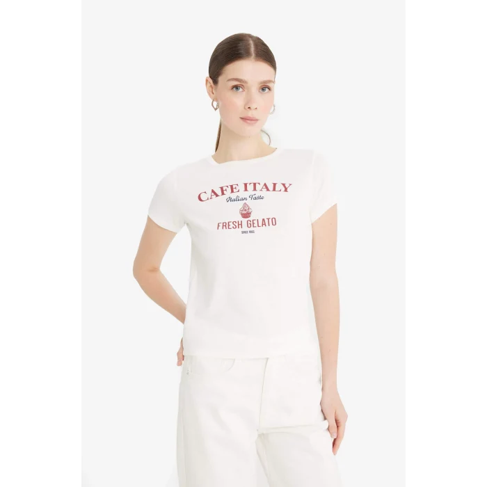 Defacto F5105 Ekru Regular Fit Bisiklet Yaka Baskılı Ribana Kısa Kollu Tişört