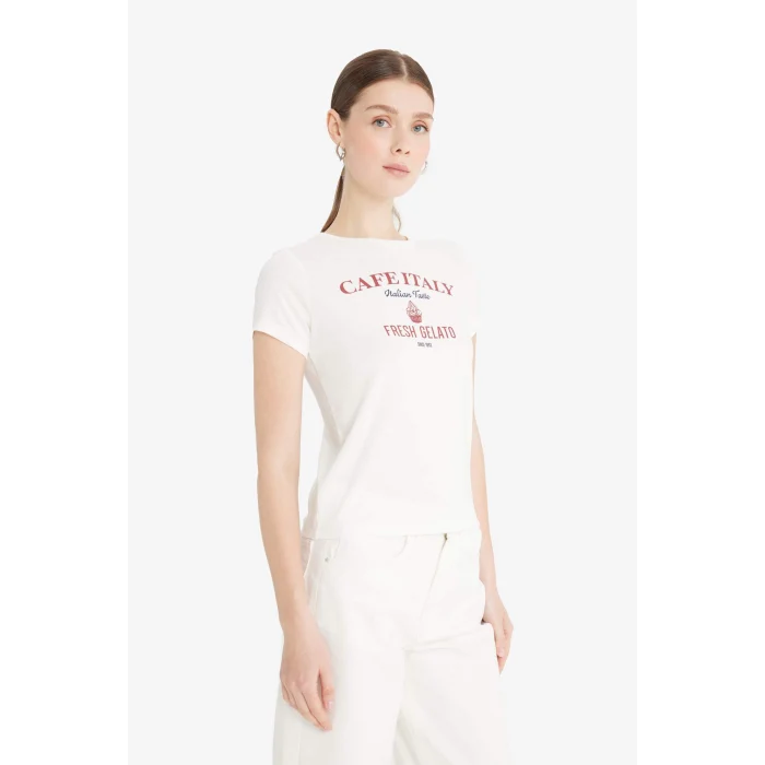 Defacto F5105 Ekru Regular Fit Bisiklet Yaka Baskılı Ribana Kısa Kollu Tişört