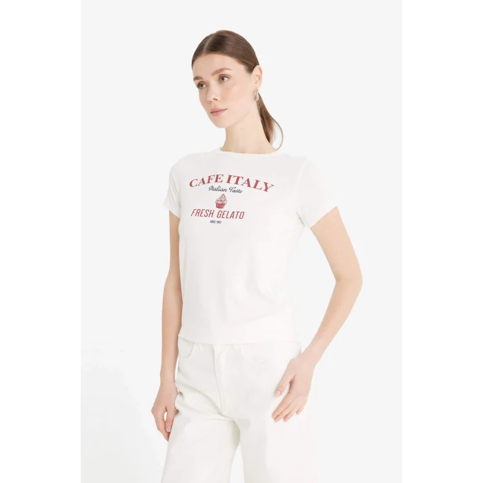 Defacto F5105 Ekru Regular Fit Bisiklet Yaka Baskılı Ribana Kısa Kollu Tişört