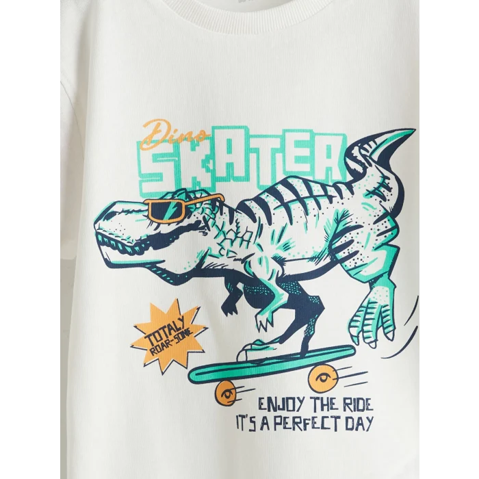 LCW Kids Ekru Dinozor Baskılı Erkek Çocuk Tişört ve Şort 2li