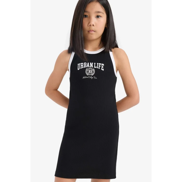 Defacto B4491 Siyah Kız Çocuk Baskılı Fitilli Kaşkorse Kolsuz Elbise