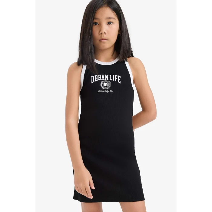 Defacto B4491 Siyah Kız Çocuk Baskılı Fitilli Kaşkorse Kolsuz Elbise