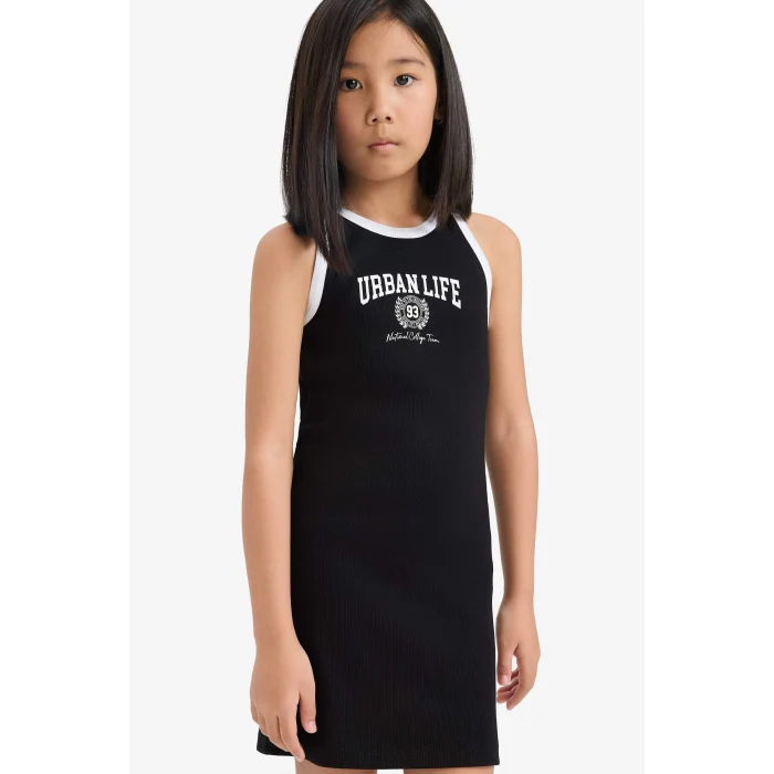 Defacto B4491 Siyah Kız Çocuk Baskılı Fitilli Kaşkorse Kolsuz Elbise