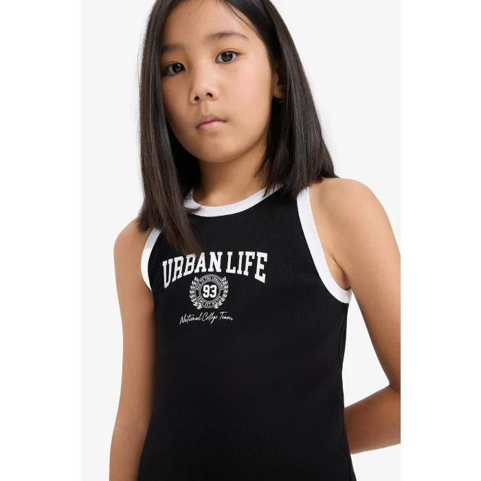 Defacto B4491 Siyah Kız Çocuk Baskılı Fitilli Kaşkorse Kolsuz Elbise