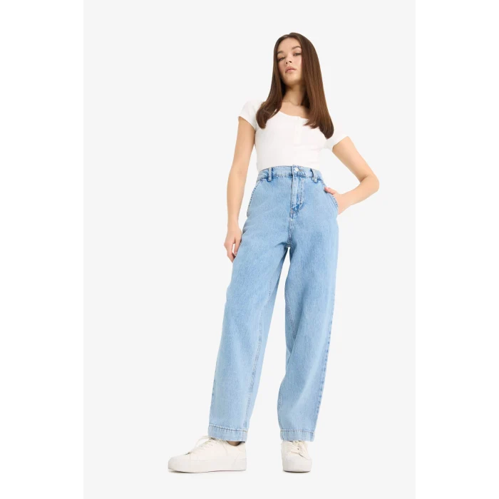 Defacto E1686 İndigo Carrot Fit  Beli Lastikli Bilek Boy Jean Yıkamalı Pantolon