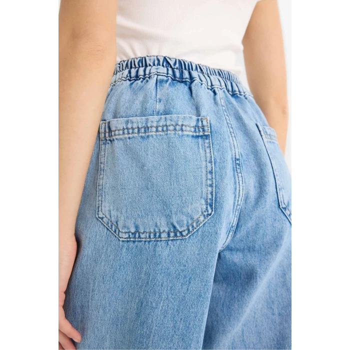Defacto E1686 İndigo Carrot Fit  Beli Lastikli Bilek Boy Jean Yıkamalı Pantolon