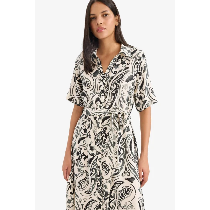 Defacto F1827 Ekru Gömlek Yaka Çiçek Desenli Kuşaklı Kısa Kollu Midi Yazlık Elbise