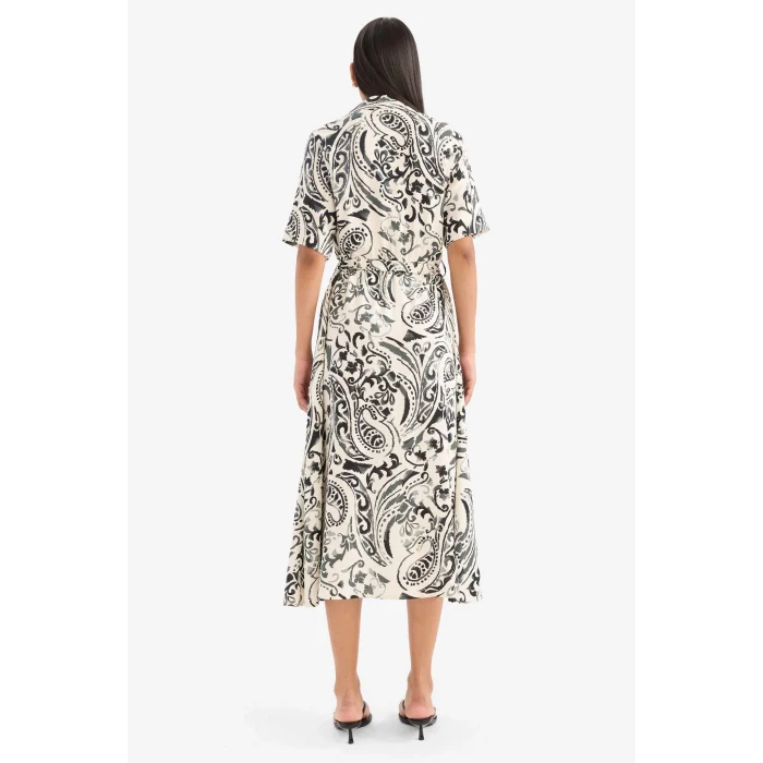 Defacto F1827 Ekru Gömlek Yaka Çiçek Desenli Kuşaklı Kısa Kollu Midi Yazlık Elbise