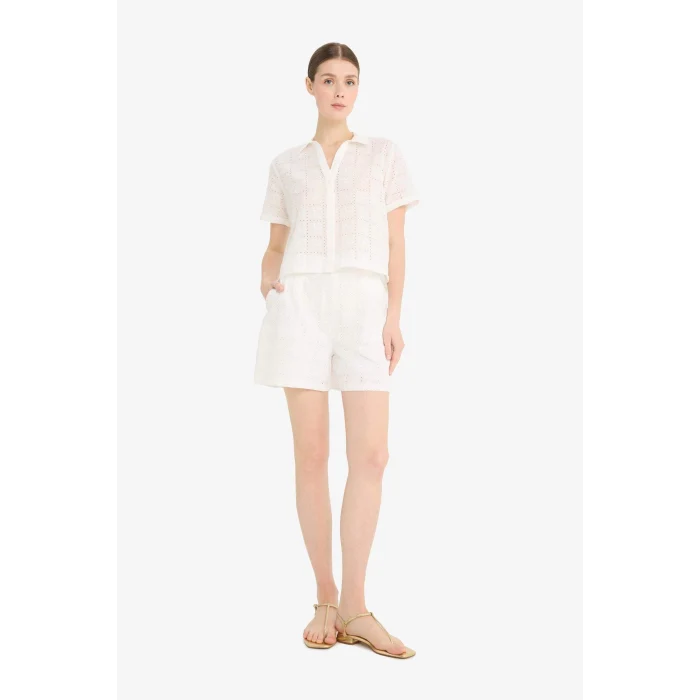 Defacto F5857 Beyaz Regular Fit Brode Kısa Kollu Gömlek