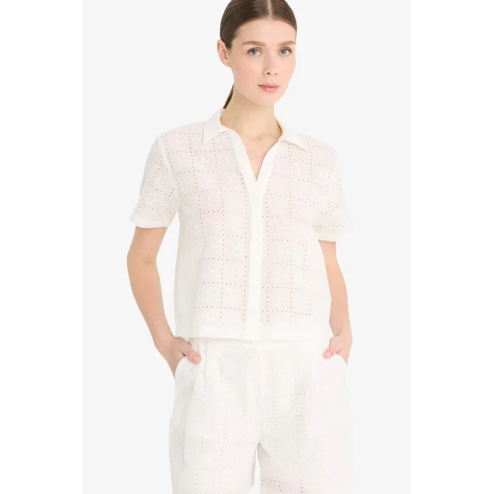 Defacto F5857 Beyaz Regular Fit Brode Kısa Kollu Gömlek