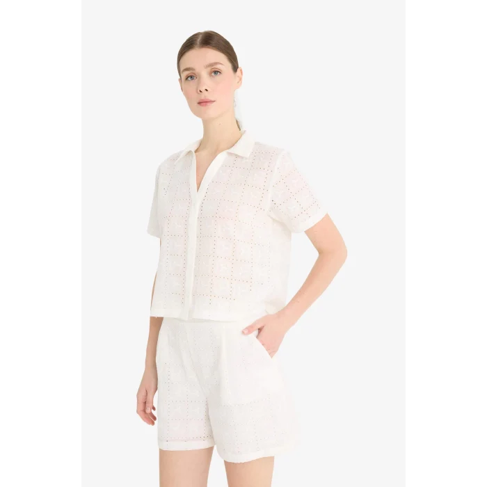 Defacto F5857 Beyaz Regular Fit Brode Kısa Kollu Gömlek