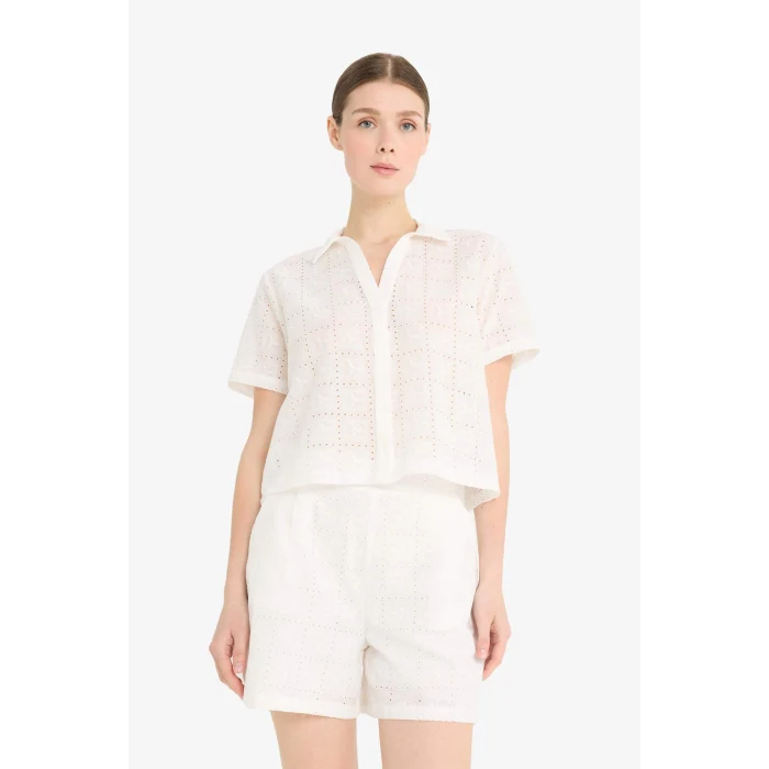 Defacto F5857 Beyaz Regular Fit Brode Kısa Kollu Gömlek