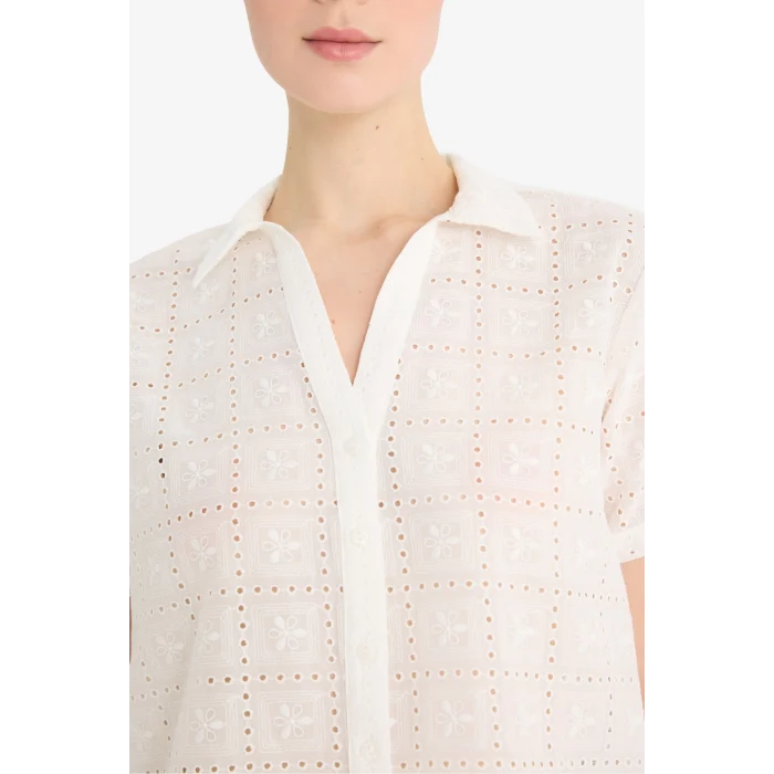 Defacto F5857 Beyaz Regular Fit Brode Kısa Kollu Gömlek