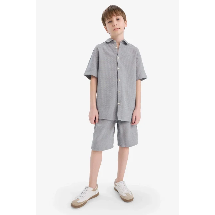Defacto E7003 Gri Erkek Çocuk Polo Yaka Dokulu Kısa Kollu Gömlek
