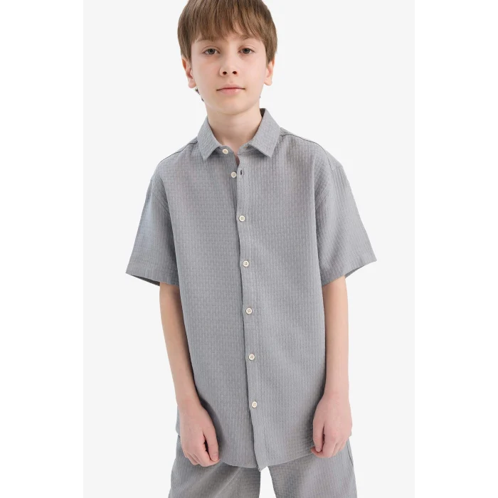 Defacto E7003 Gri Erkek Çocuk Polo Yaka Dokulu Kısa Kollu Gömlek