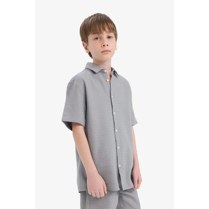 Defacto E7003 Gri Erkek Çocuk Polo Yaka Dokulu Kısa Kollu Gömlek