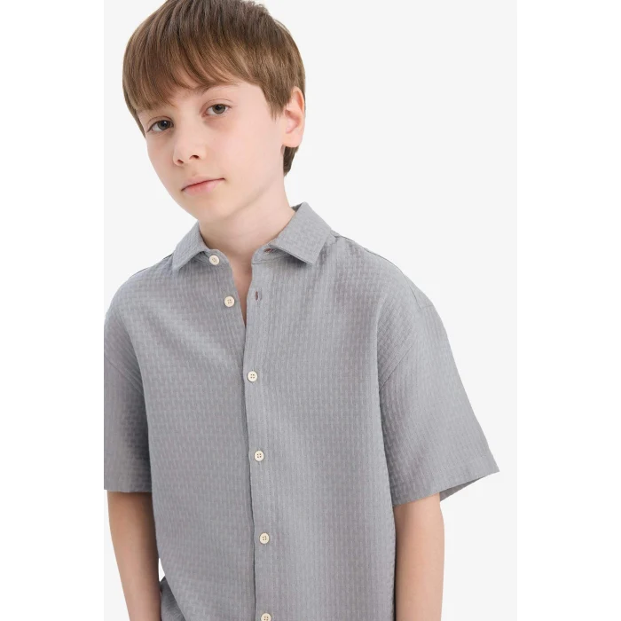 Defacto E7003 Gri Erkek Çocuk Polo Yaka Dokulu Kısa Kollu Gömlek
