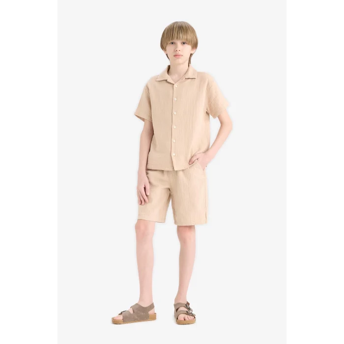 Defacto W3239 Bej Erkek Çocuk Oversize Geniş Kalıp Polo Yaka Müslin Kısa Kollu Gömlek
