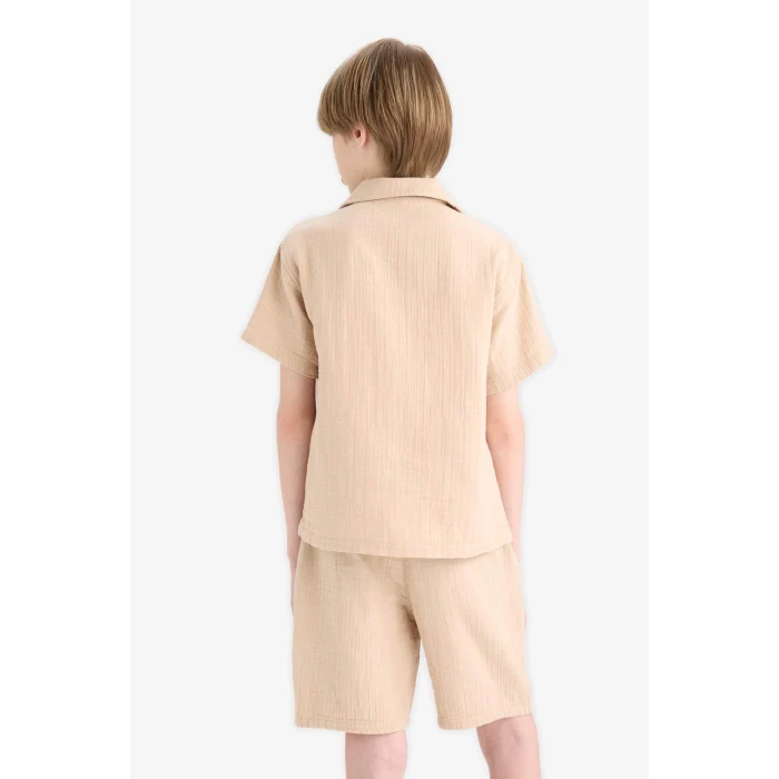 Defacto W3239 Bej Erkek Çocuk Oversize Geniş Kalıp Polo Yaka Müslin Kısa Kollu Gömlek