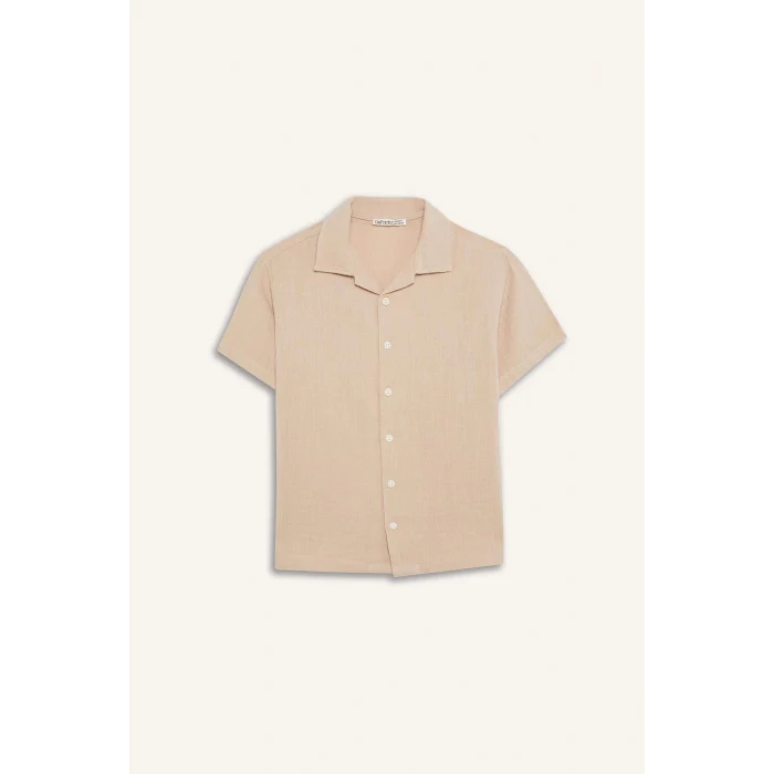 Defacto W3239 Bej Erkek Çocuk Oversize Geniş Kalıp Polo Yaka Müslin Kısa Kollu Gömlek