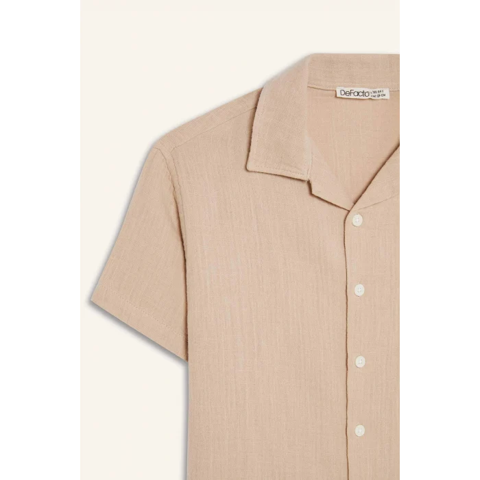 Defacto W3239 Bej Erkek Çocuk Oversize Geniş Kalıp Polo Yaka Müslin Kısa Kollu Gömlek