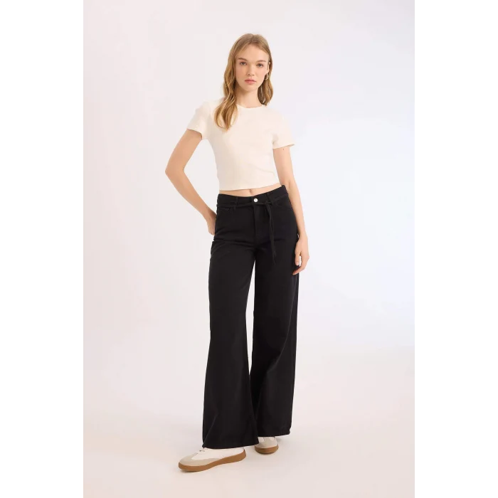Defacto E1794 Siyah Coool Gabardin Pantolon Wide Leg Yüksek Bel Geniş Bol Paça