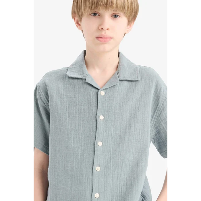 Defacto W3239 Mavi Erkek Çocuk Oversize Geniş Kalıp Polo Yaka Müslin Kısa Kollu Gömlek
