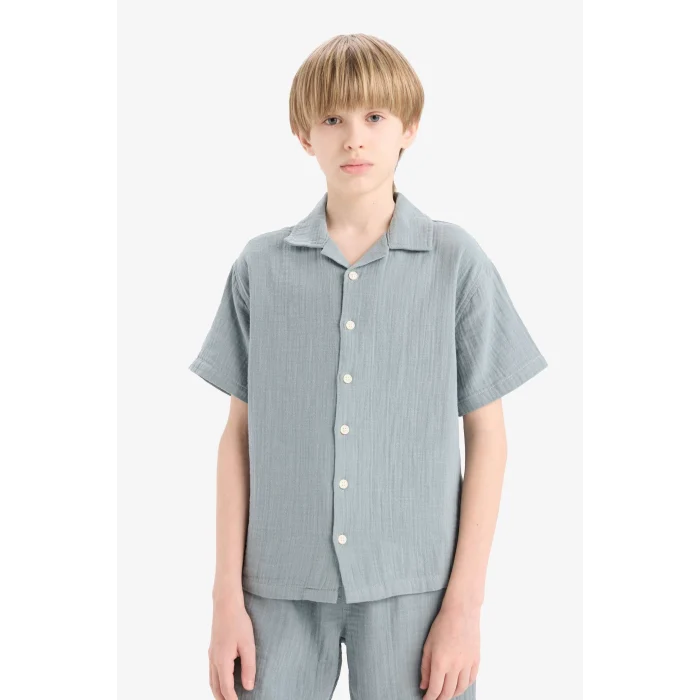 Defacto W3239 Mavi Erkek Çocuk Oversize Geniş Kalıp Polo Yaka Müslin Kısa Kollu Gömlek
