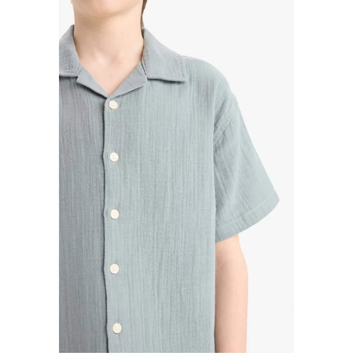 Defacto W3239 Mavi Erkek Çocuk Oversize Geniş Kalıp Polo Yaka Müslin Kısa Kollu Gömlek