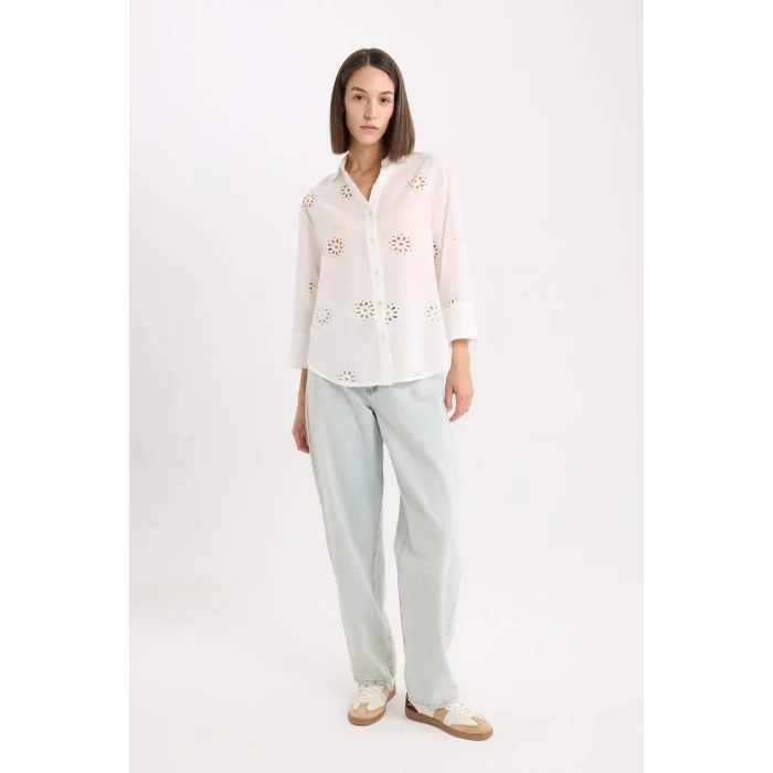 Defacto B5419 Beyaz Oversize Geniş Kalıp Brode Uzun Kollu Gömlek