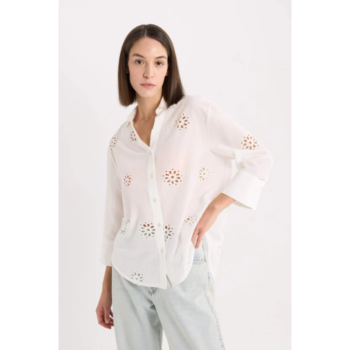 Defacto B5419 Beyaz Oversize Geniş Kalıp Brode Uzun Kollu Gömlek