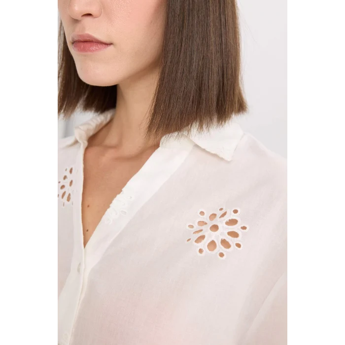 Defacto B5419 Beyaz Oversize Geniş Kalıp Brode Uzun Kollu Gömlek