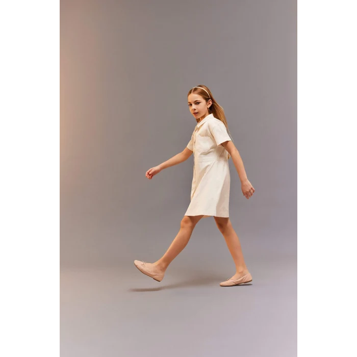 Defacto D9223 Ekru Kız Çocuk Gabardin Cepli Düğmeli Kısa Kollu Elbise