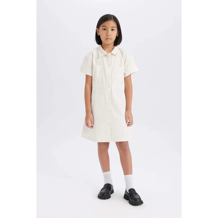 Defacto D9223 Ekru Kız Çocuk Gabardin Cepli Düğmeli Kısa Kollu Elbise