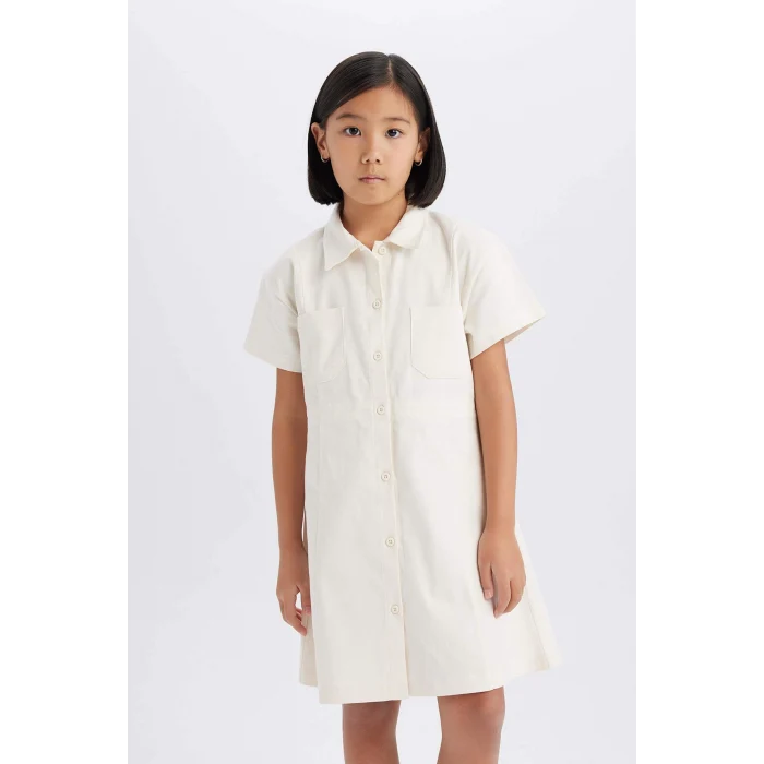Defacto D9223 Ekru Kız Çocuk Gabardin Cepli Düğmeli Kısa Kollu Elbise