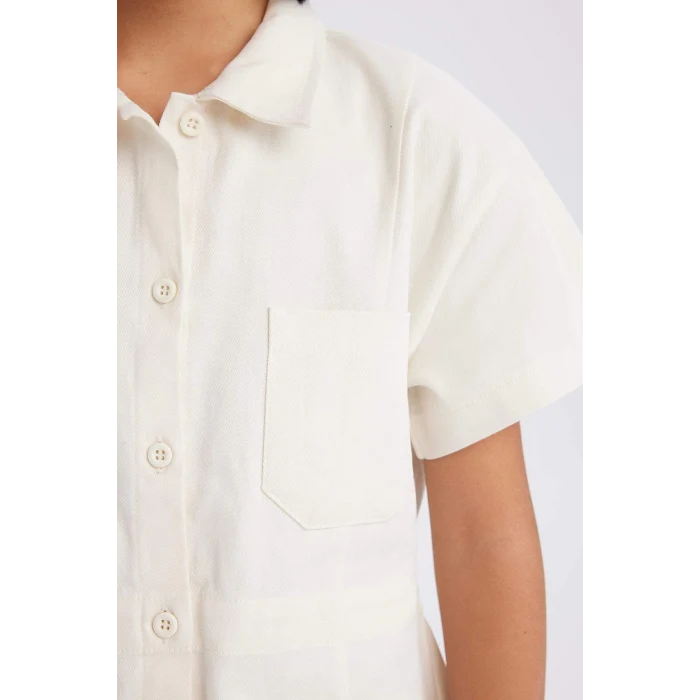 Defacto D9223 Ekru Kız Çocuk Gabardin Cepli Düğmeli Kısa Kollu Elbise