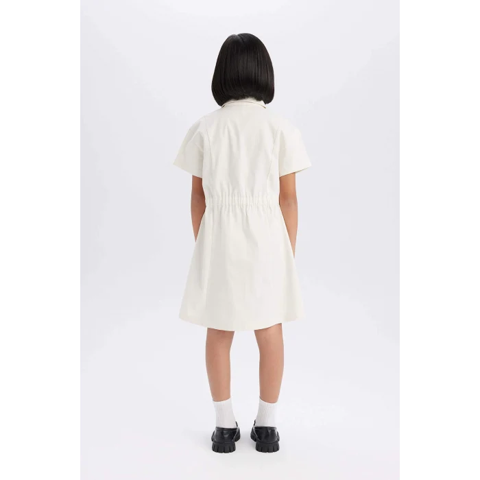 Defacto D9223 Ekru Kız Çocuk Gabardin Cepli Düğmeli Kısa Kollu Elbise