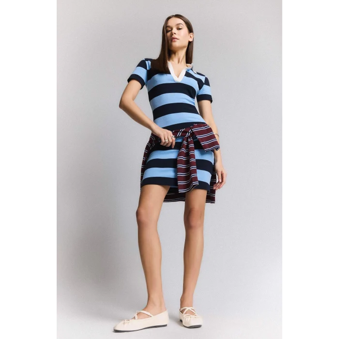 Defacto E5701 Lacivert Bodycon Vücudu Saran Polo Yaka Çizgili Ribana Kısa Kollu Mini Elbise