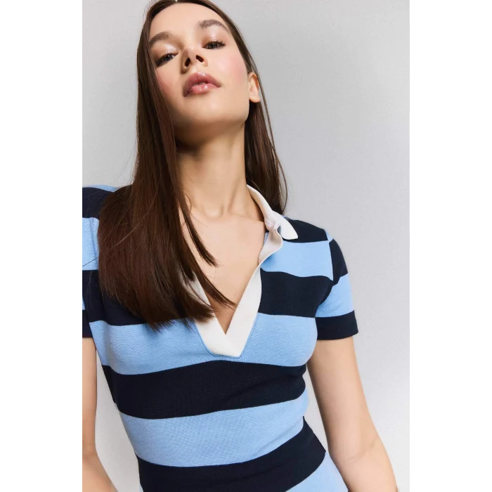 Defacto E5701 Lacivert Bodycon Vücudu Saran Polo Yaka Çizgili Ribana Kısa Kollu Mini Elbise