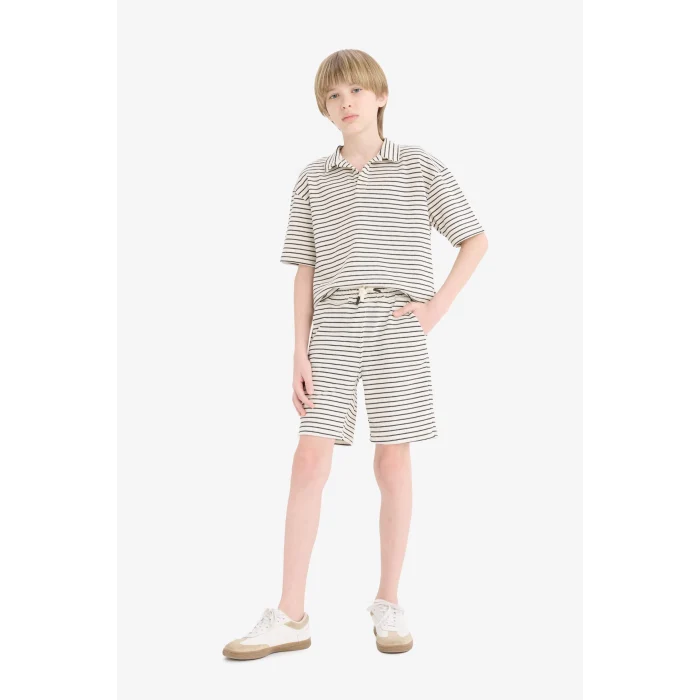Defacto C2190 Ekru Erkek Çocuk 2li Takım Çizgili Kısa Kollu Polo Tişört Beli Lastikli Şort