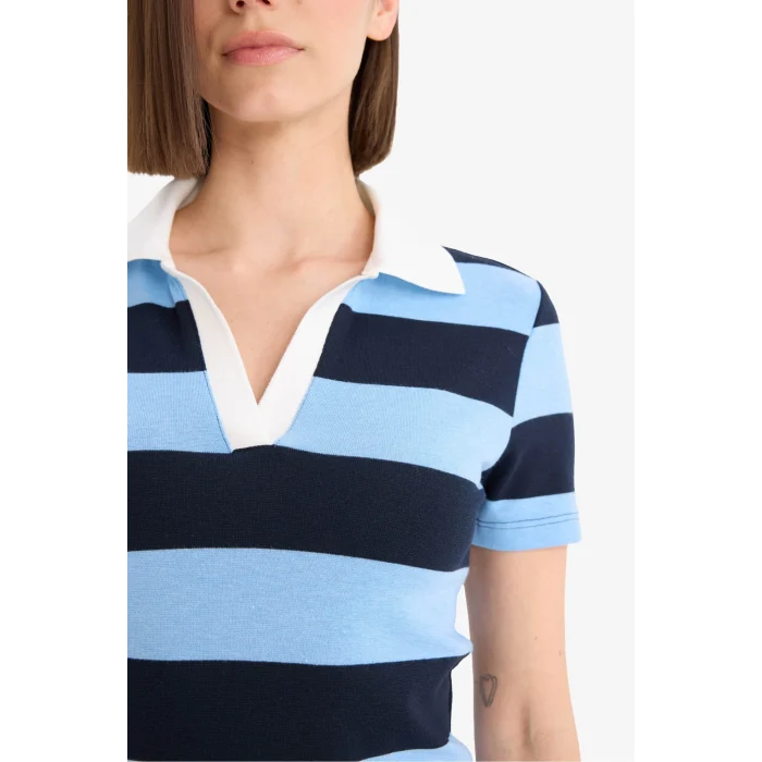 Defacto E5701 Lacivert Bodycon Vücudu Saran Polo Yaka Çizgili Ribana Kısa Kollu Mini Elbise