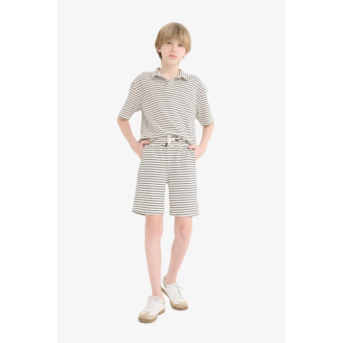 Defacto C2190 Ekru Erkek Çocuk 2li Takım Çizgili Kısa Kollu Polo Tişört Beli Lastikli Şort