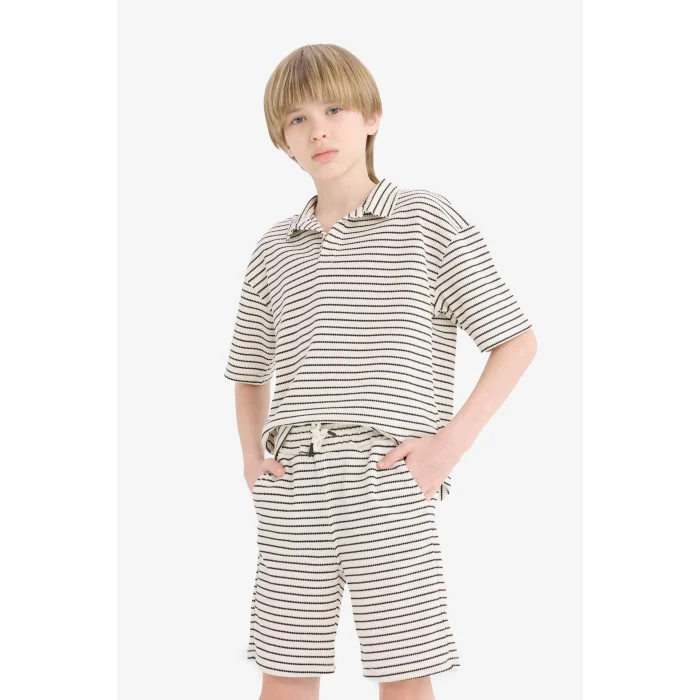Defacto C2190 Ekru Erkek Çocuk 2li Takım Çizgili Kısa Kollu Polo Tişört Beli Lastikli Şort