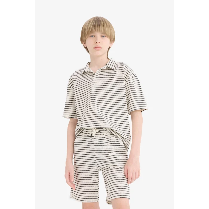 Defacto C2190 Ekru Erkek Çocuk 2li Takım Çizgili Kısa Kollu Polo Tişört Beli Lastikli Şort