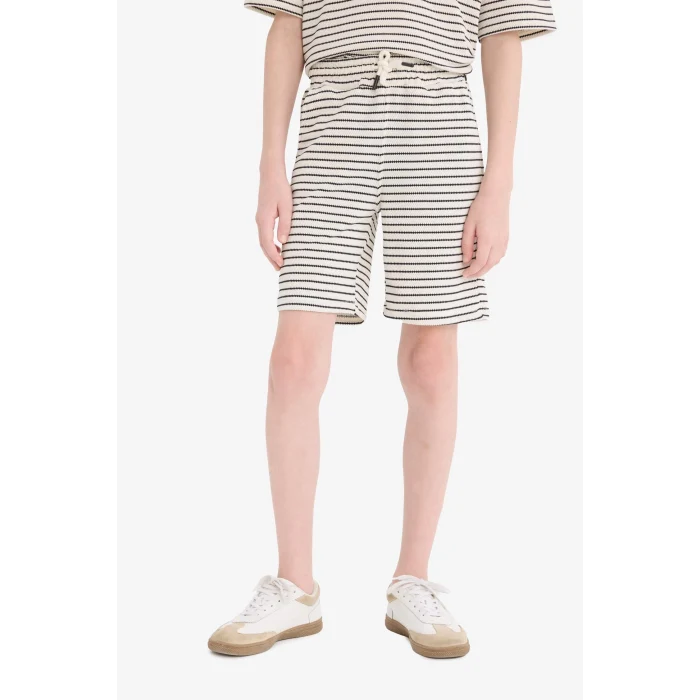 Defacto C2190 Ekru Erkek Çocuk 2li Takım Çizgili Kısa Kollu Polo Tişört Beli Lastikli Şort