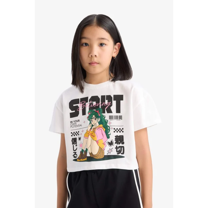 Defacto E3817 Ekru Kız Çocuk 2li Takım Kısa Kollu Tişört Esnek Belli Şort