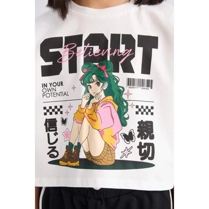 Defacto E3817 Ekru Kız Çocuk 2li Takım Kısa Kollu Tişört Esnek Belli Şort